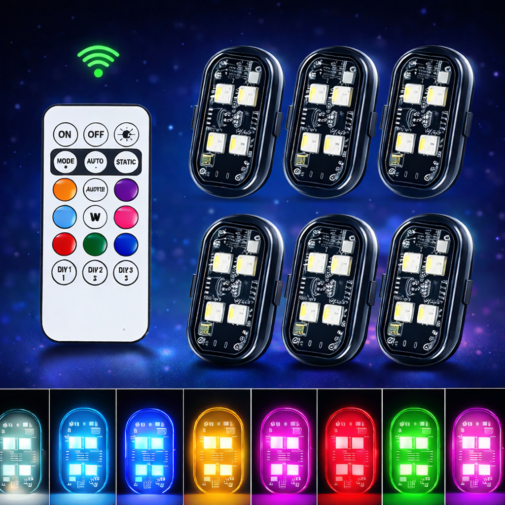 Set lumini LED auto RGB cu telecomandă – Iluminare ambientală wireless pentru mașină și motocicletă