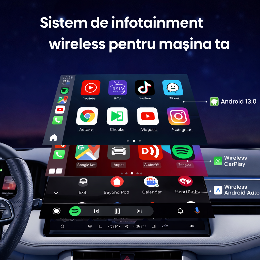Carlinkit AI Box Android 13 cu LED Ambient – 8GB RAM + 128GB, Wireless CarPlay & Android Auto, Multimedia TV Box Auto