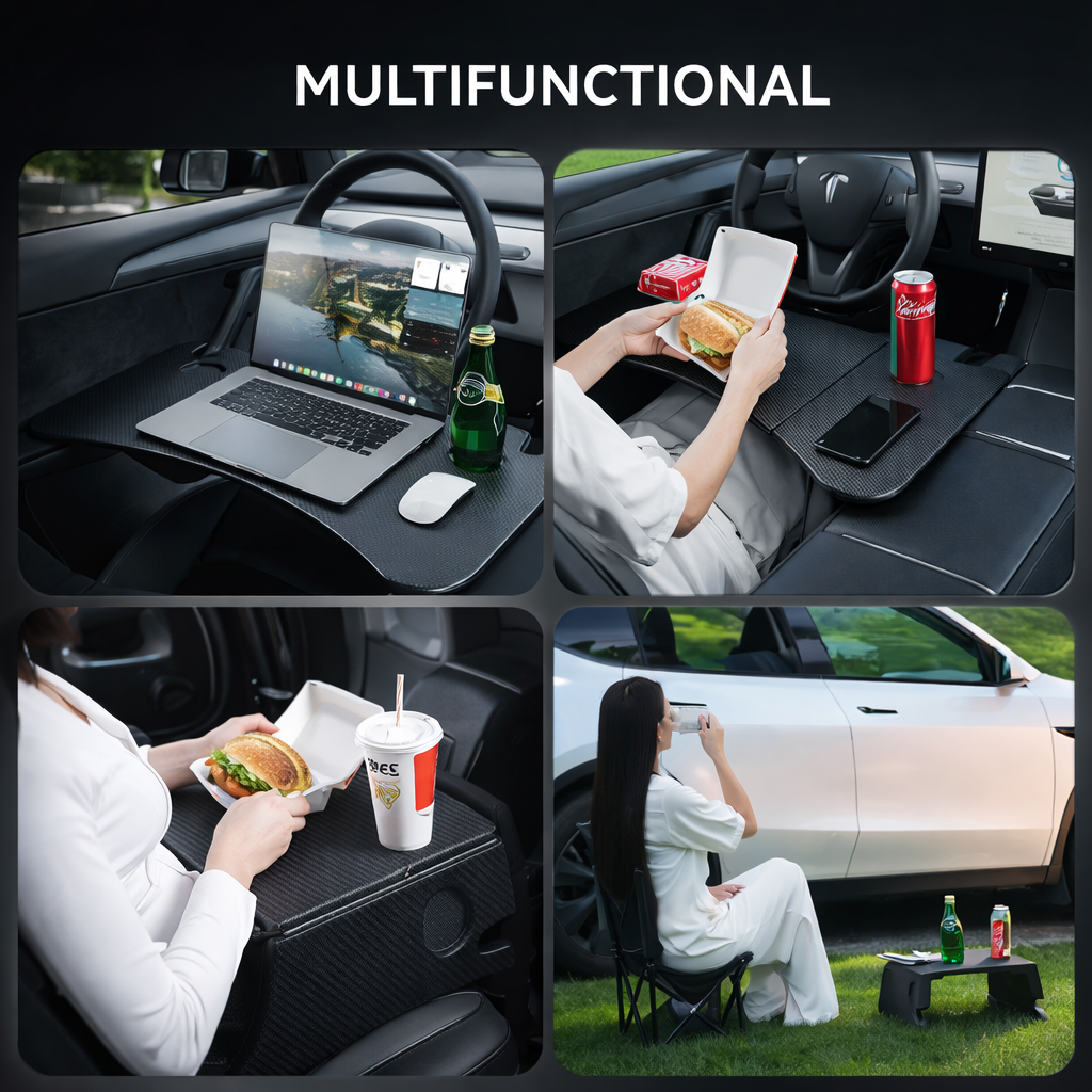 Masă pliabilă volan auto cu textură Carbon – Laptop Tray pentru Tesla Model 3 / Y / X / S (2018-2026), birou portabil pentru mașină