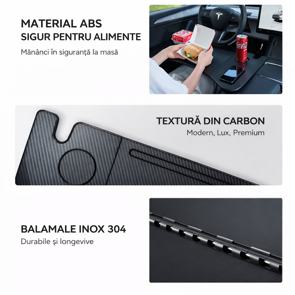 Masă pliabilă volan auto cu textură Carbon – Laptop Tray pentru Tesla Model 3 / Y / X / S (2018-2026), birou portabil pentru mașină