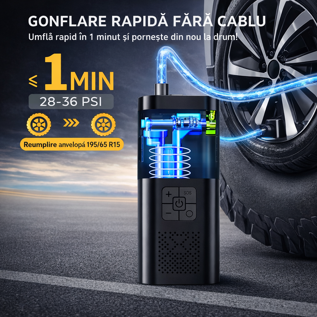 Compresor Auto Portabil 150 PSI – Pompă Aer Fără Fir, 3X Mai Rapidă, cu Afișaj Digital pentru Mașină, Moto & Bicicletă