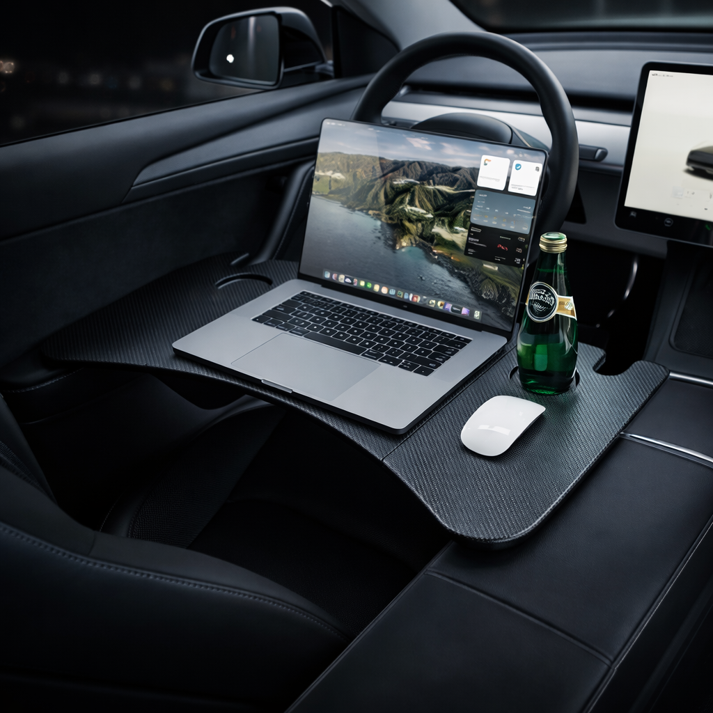 Masă pliabilă volan auto cu textură Carbon – Laptop Tray pentru Tesla Model 3 / Y / X / S (2018-2026), birou portabil pentru mașină